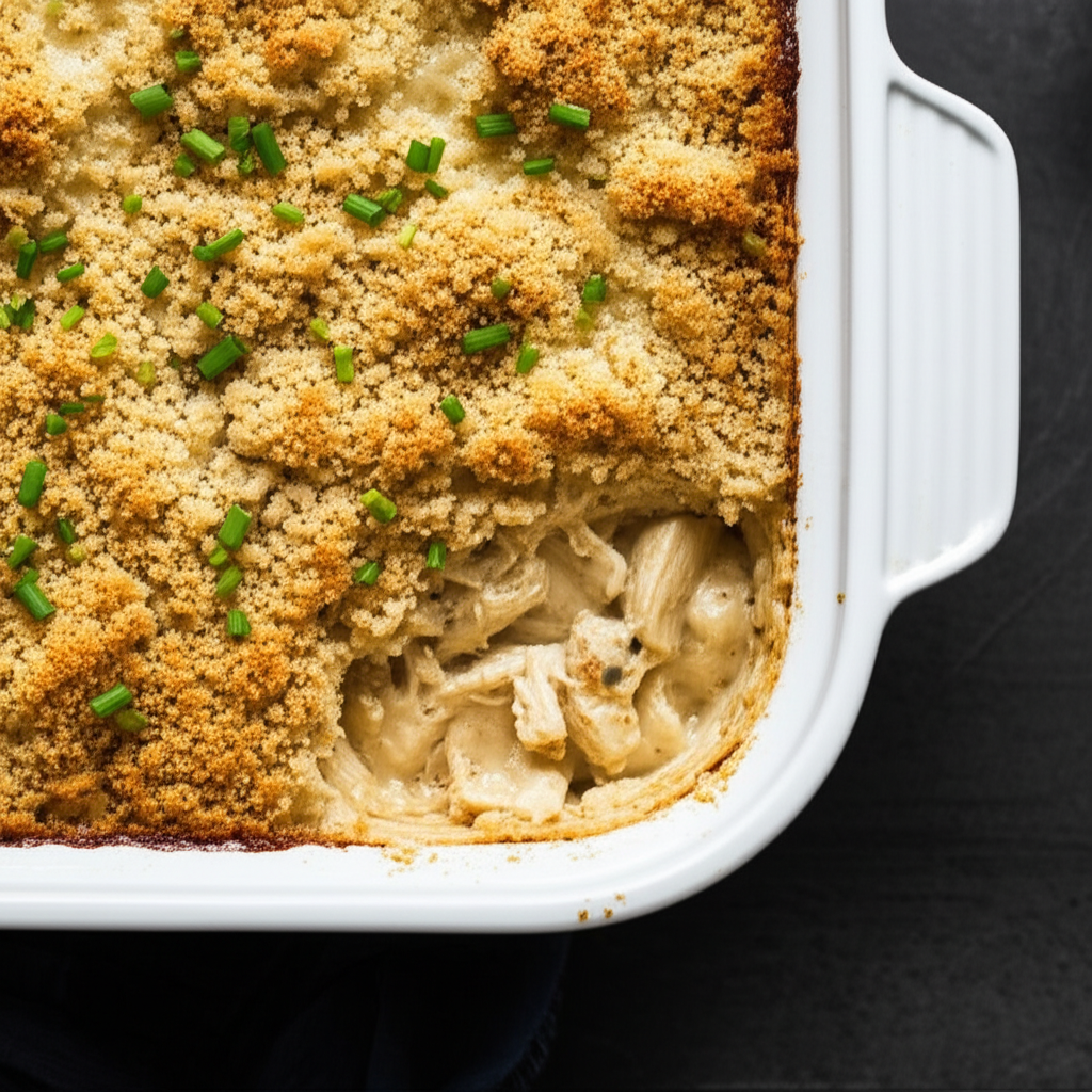 Chicken casserole in white dish. Golden crumb topping, garnished with chives. Creamy chicken filling visible.