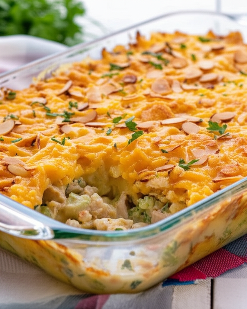 Chicken casserole in glass dish. Topped with golden mashed potatoes, sliced almonds, and parsley.