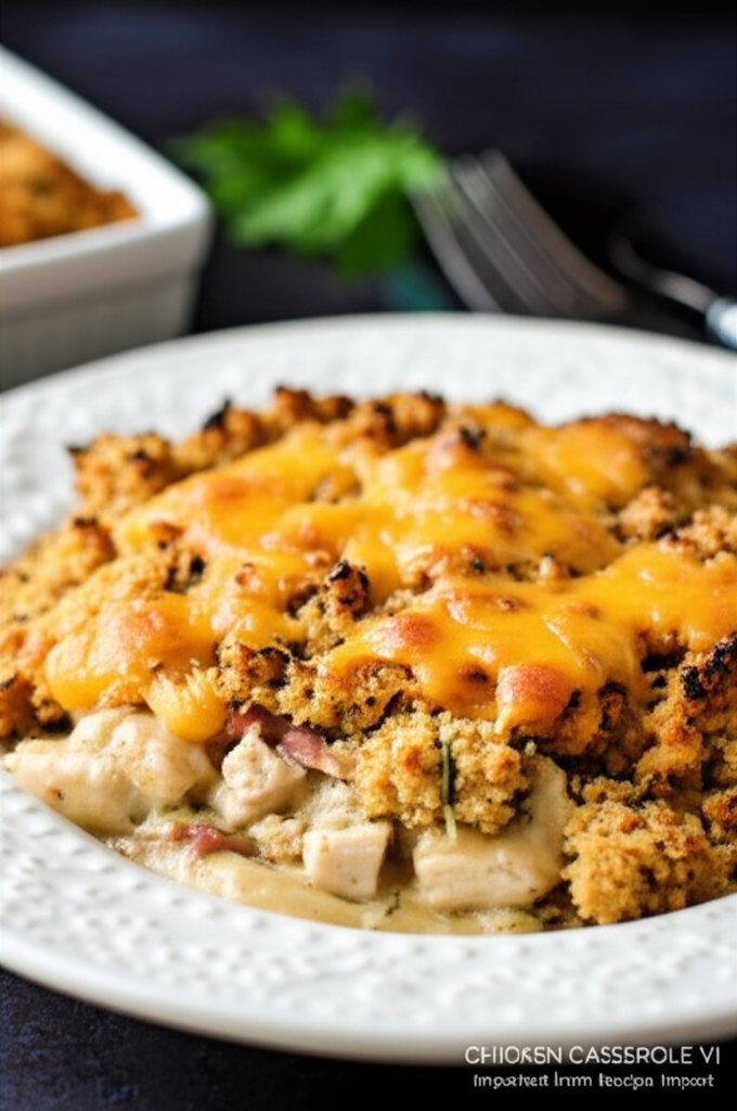 Chicken casserole on a white plate, topped with melted cheese and a golden-brown, crumbly crust.