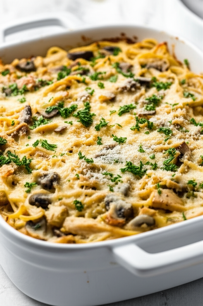 Baked chicken casserole with spaghetti, mushrooms, and parsley in a white dish, topped with grated cheese.