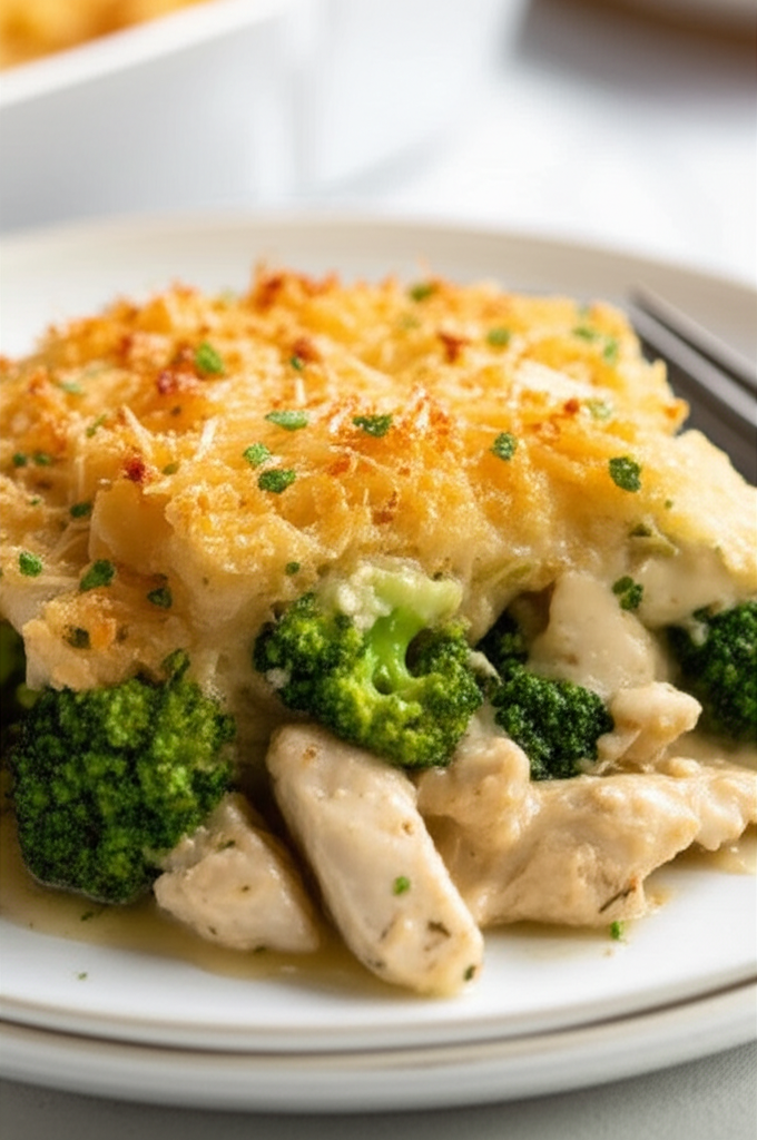 Creamy chicken casserole with broccoli and a golden, cheesy topping, served on a white plate.