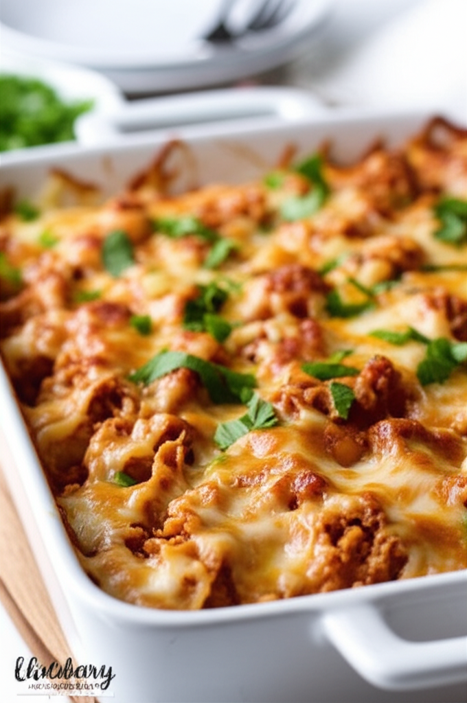 Cheesy baked chicken casserole in a white dish, garnished with fresh parsley.