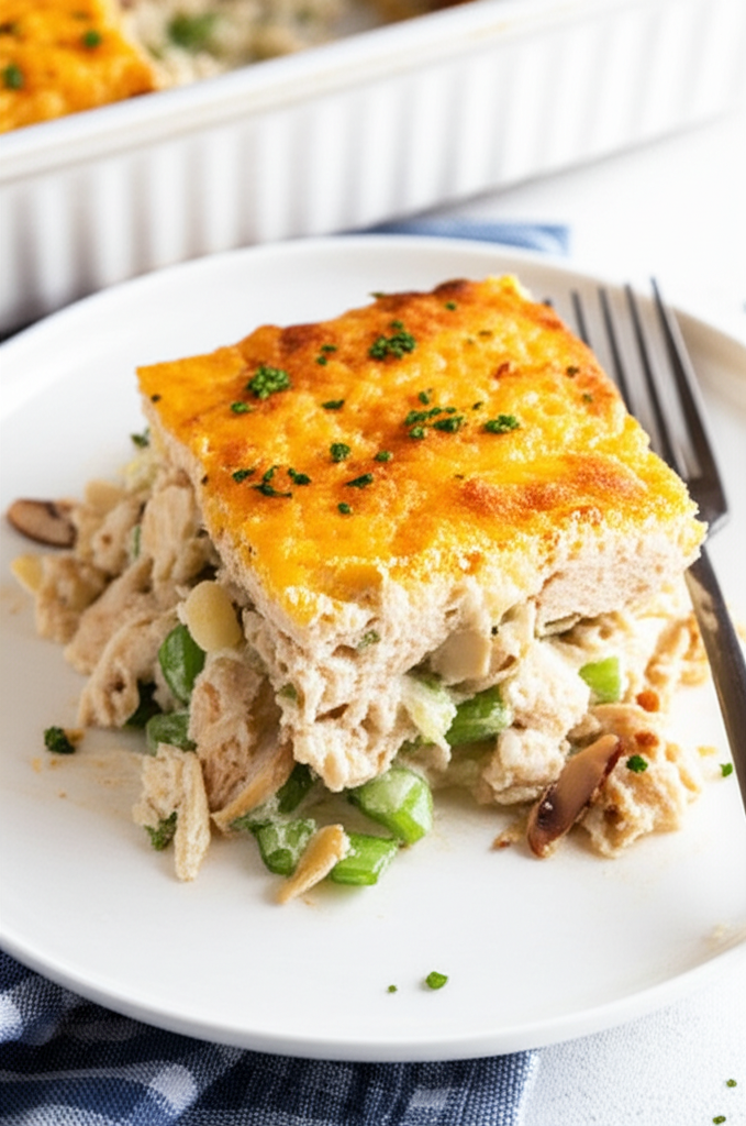 Slice of chicken salad casserole on a plate, topped with golden-brown crust and parsley.