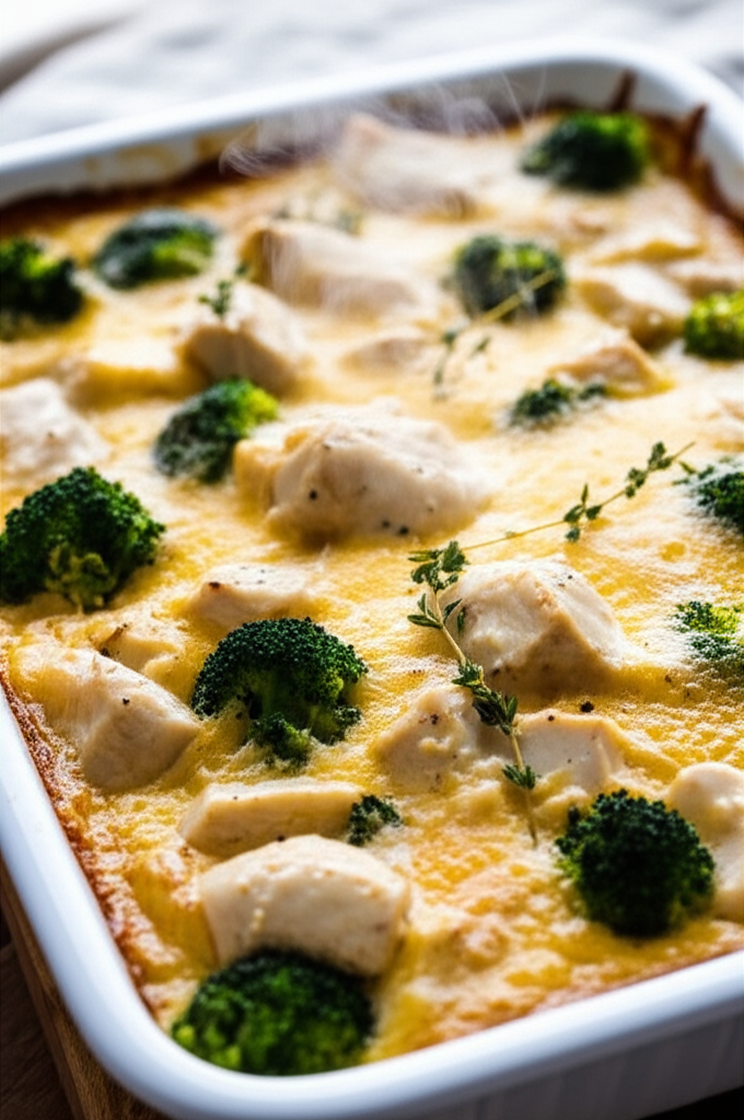Baked Swiss chicken casserole in white dish. Chicken pieces and broccoli in a creamy, golden sauce.