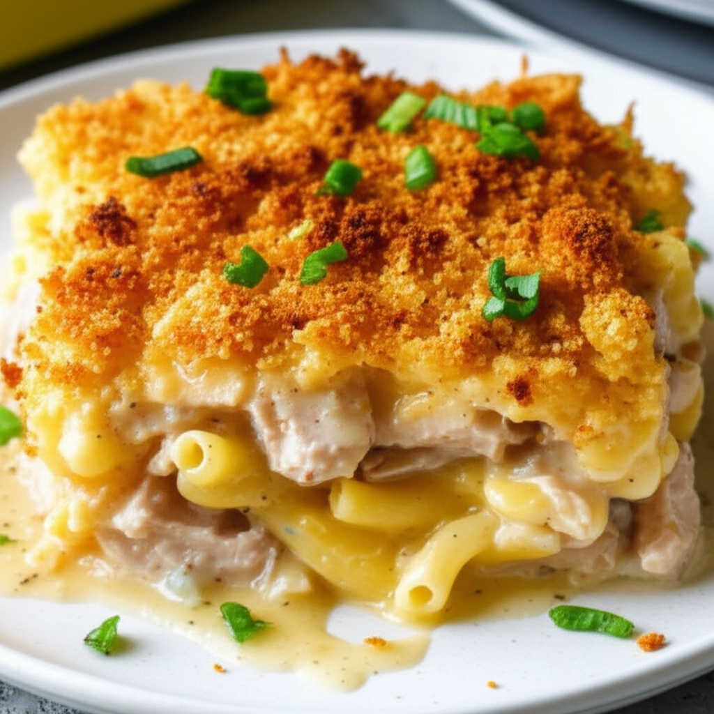 Chicken Vatel casserole: pasta and chicken in creamy sauce, topped with golden breadcrumbs and green onions.