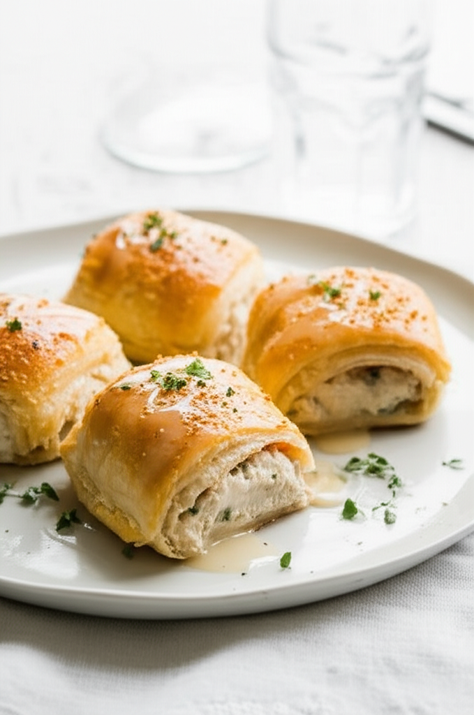 Four golden-brown baked chicken squares on a white plate, garnished with herbs. One square shows the creamy filling.