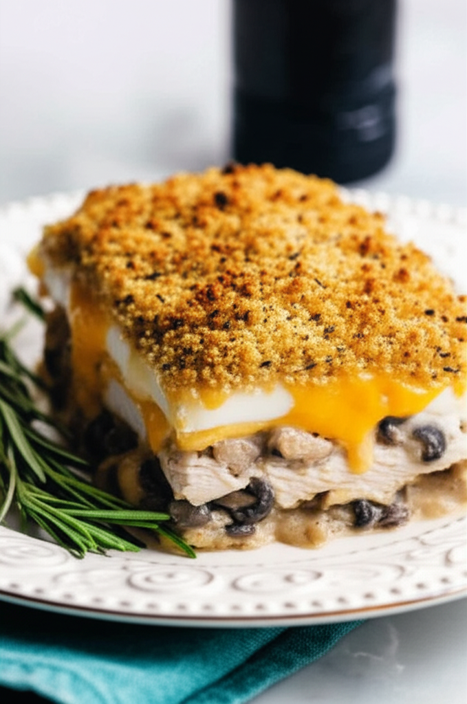 Layered chicken dish with creamy mushroom sauce, cheese, and golden-brown breadcrumb topping, garnished with rosemary.
