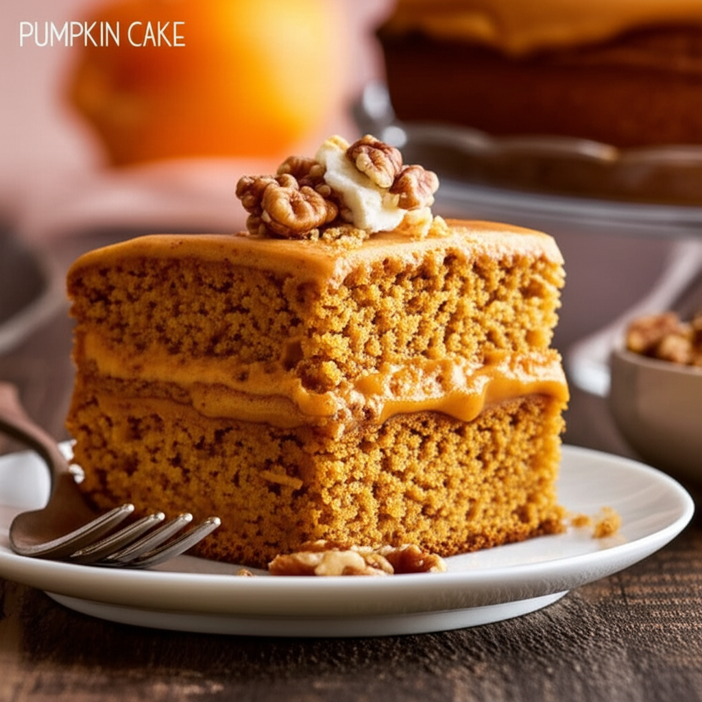 Square slice of pumpkin cake with frosting, topped with walnuts, on a white plate.