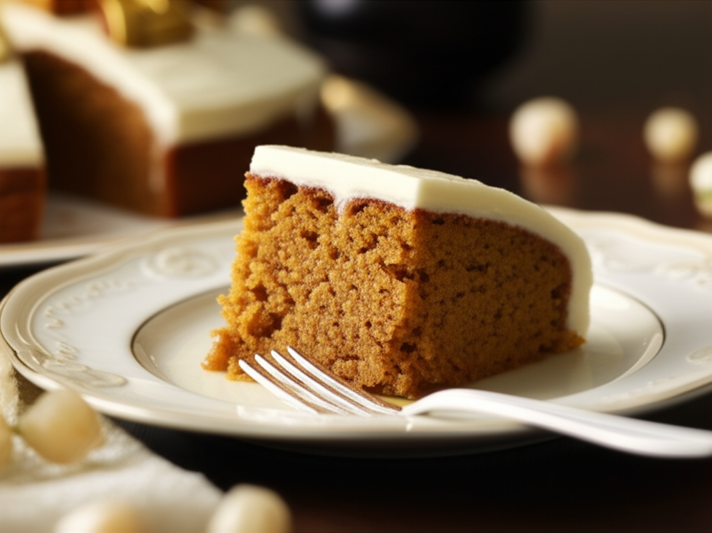 Slice of moist pumpkin cake with white frosting on a plate with a fork.