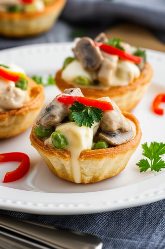 Chicken Ala King in flaky pastry shells. Creamy sauce with mushrooms, peas, and red pepper garnish.