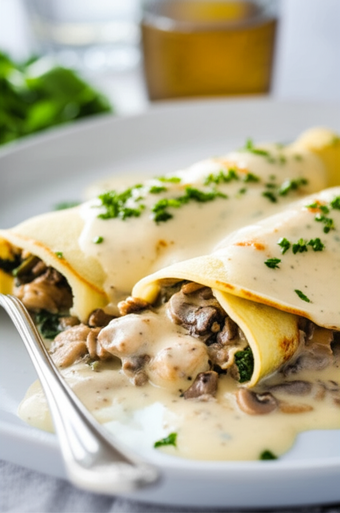 Two golden crepes filled with mushrooms and chicken, topped with creamy sauce and parsley, on a white plate.