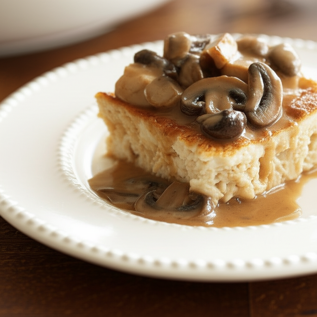 Chicken square topped with mushroom sauce on a white plate.