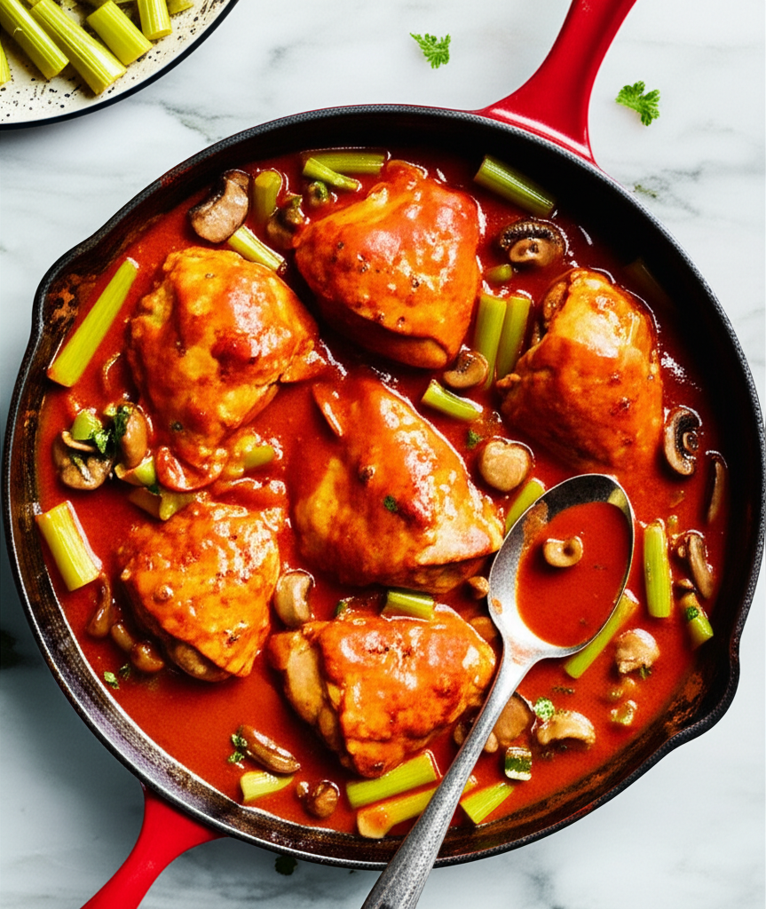 Curried chicken thighs in a red skillet with celery, mushrooms, and a rich sauce. Spoon included.