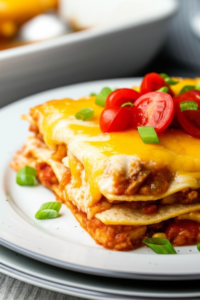 Layered Rancho Chicken casserole with melted cheese, tomatoes, and green onions on a white plate.