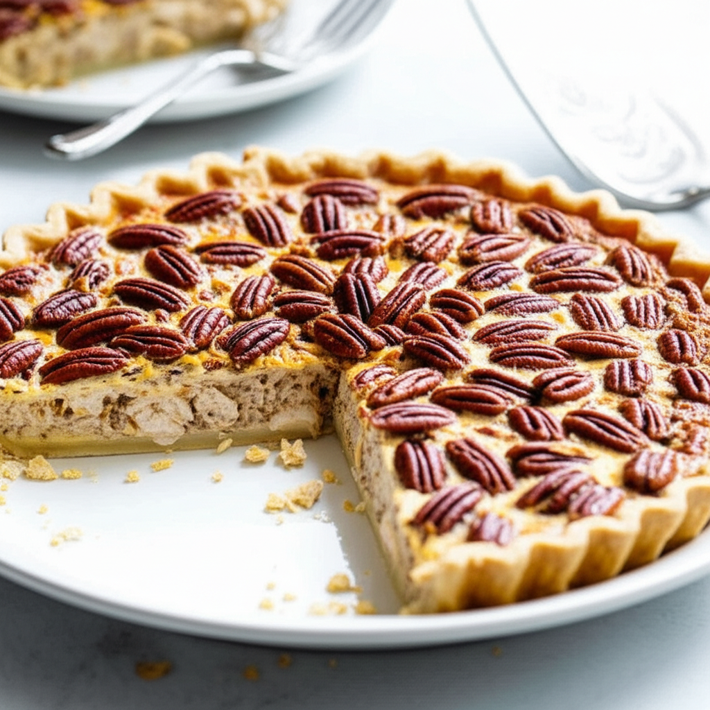 Chicken quiche topped with pecans, baked in a flaky crust, served on a white plate with a slice cut out.