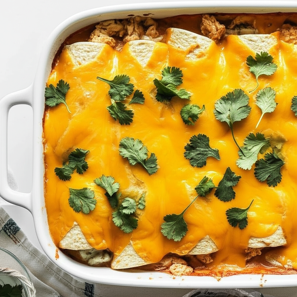 Chicken enchilada casserole in white dish, topped with melted cheese and fresh cilantro.