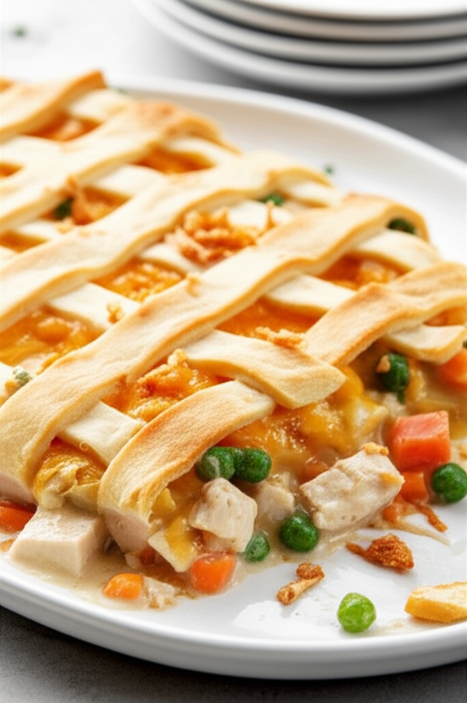 Chicken pot pie with a lattice crust, filled with chicken, carrots, and peas.