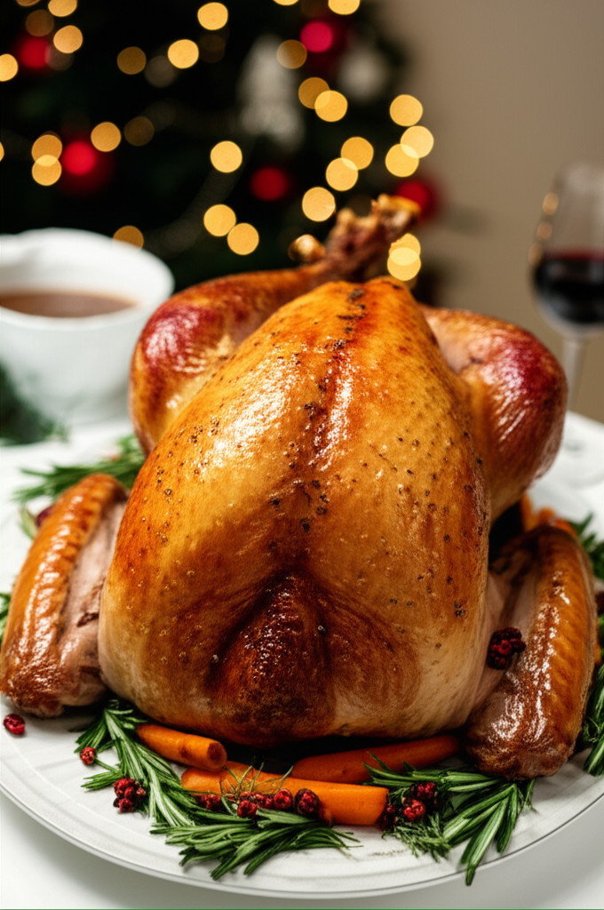 Roasted turkey on a platter with carrots, rosemary, and cranberries. Gravy and wine in background.