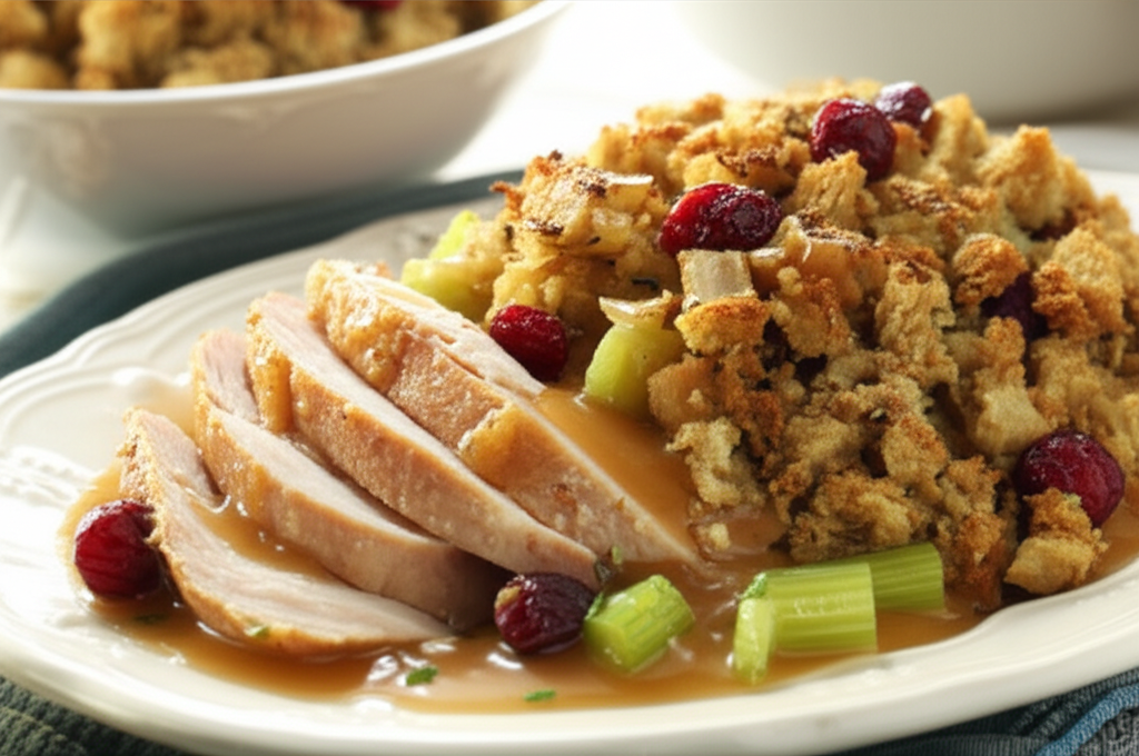 Sliced turkey breast with gravy, topped with cranberry stuffing, served on a white plate.