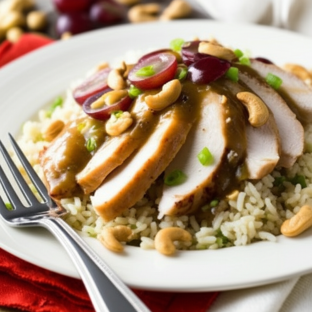 Sliced turkey breast with gravy, rice, grapes, and cashews on a white plate.