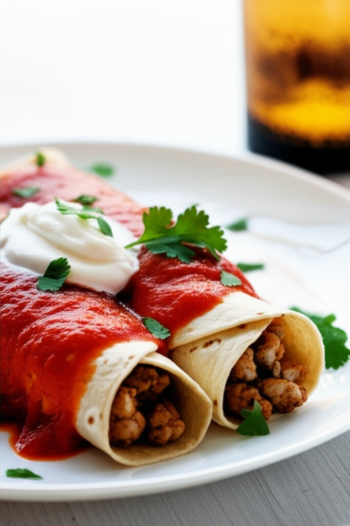Two enchiladas on a white plate, topped with red sauce, sour cream, and cilantro. Filling visible at open ends.
