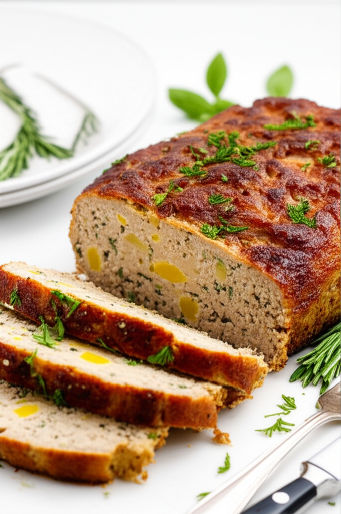 Sliced turkey loaf with golden-brown crust, garnished with parsley and rosemary, served on a white plate.