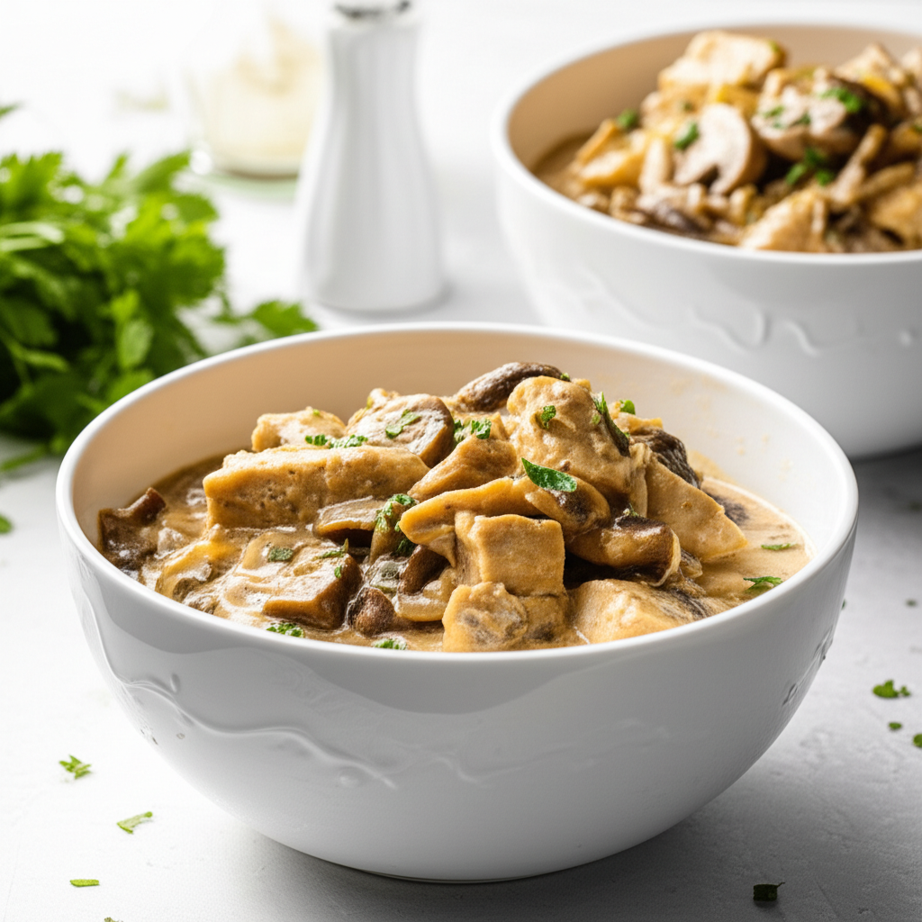 Creamy turkey stroganoff with sliced mushrooms in a white bowl, garnished with parsley.
