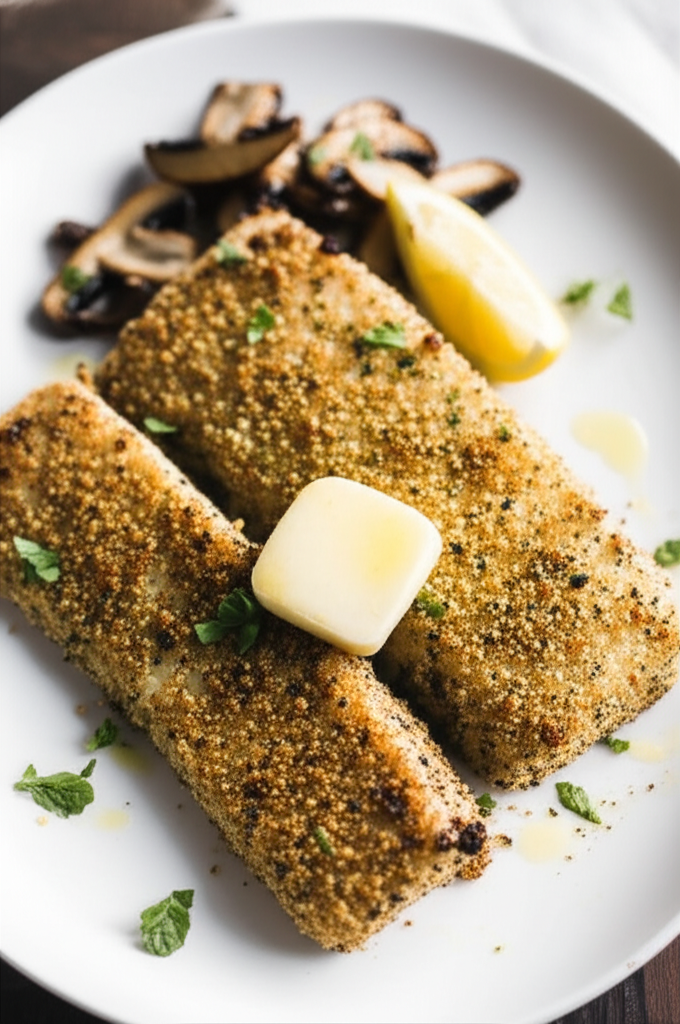 Breaded fish fillets with butter, lemon wedge, and sauteed mushrooms on a white plate.