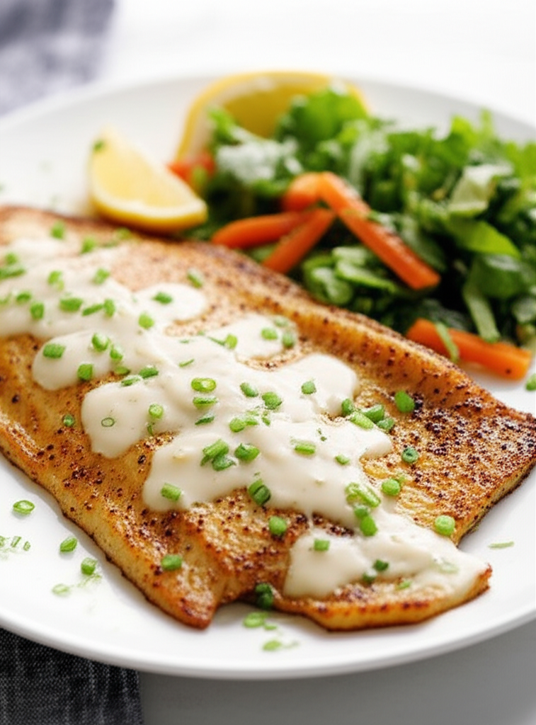 Pan-fried sole fillet with creamy sauce, chives, lemon wedge, and side salad on a white plate.