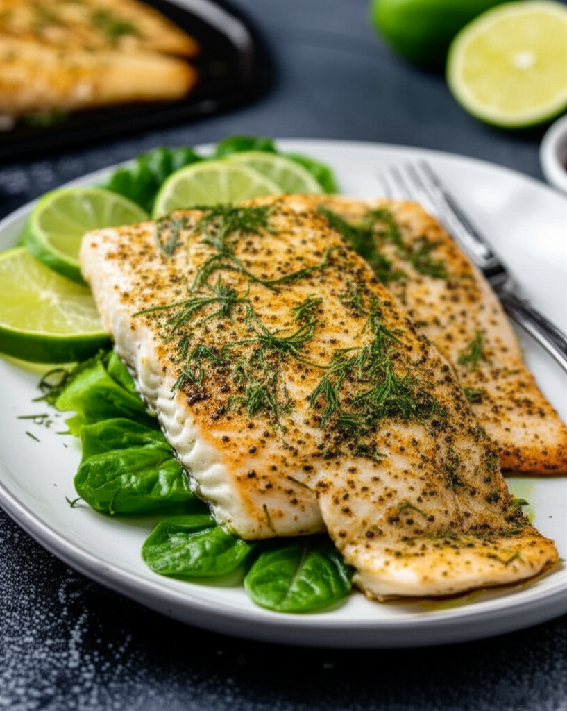 Broiled fish fillets with dill, served on spinach with lime slices on a white plate.