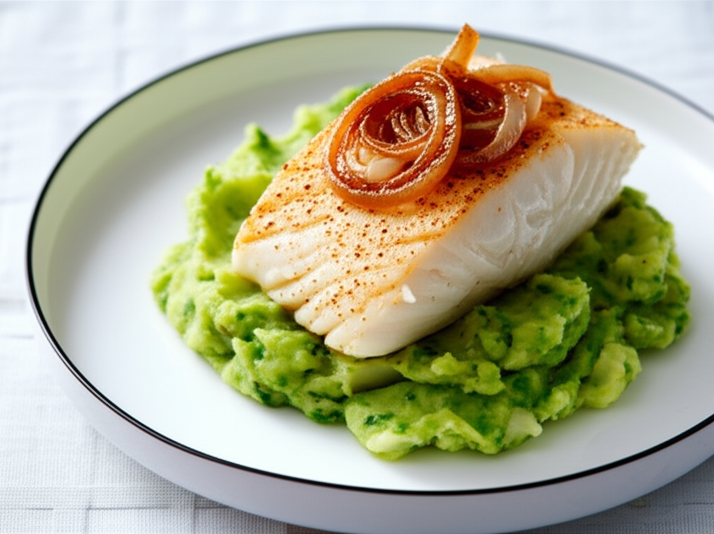 Roasted cod fillet on green mashed potatoes, topped with caramelized onion rings.