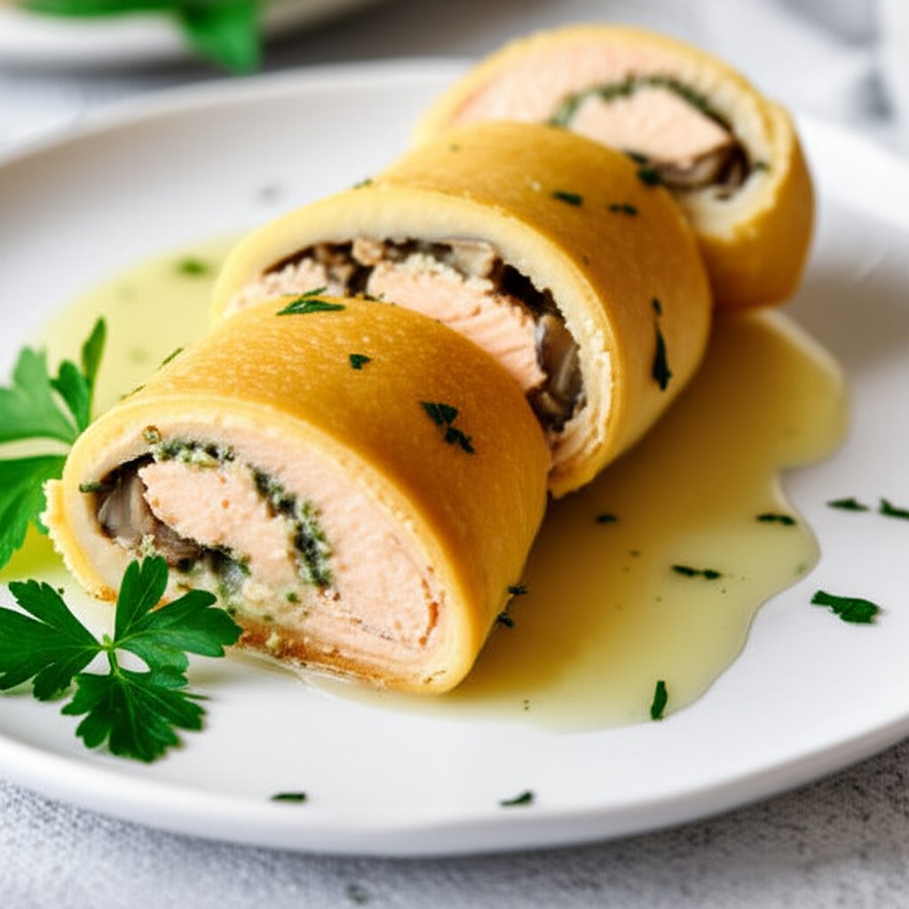 Sliced baked salmon roll with spinach and mushrooms in a golden crust, drizzled with sauce.