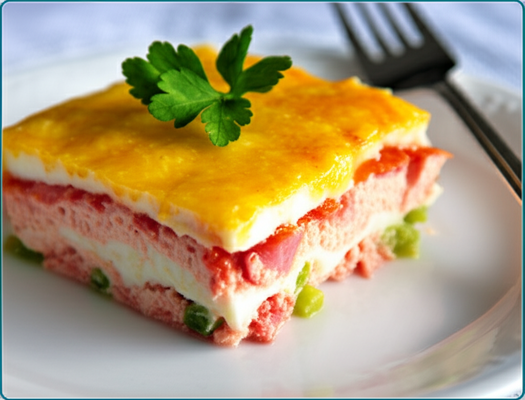Slice of layered casserole with golden top, pink filling, peas, and parsley garnish on a white plate.