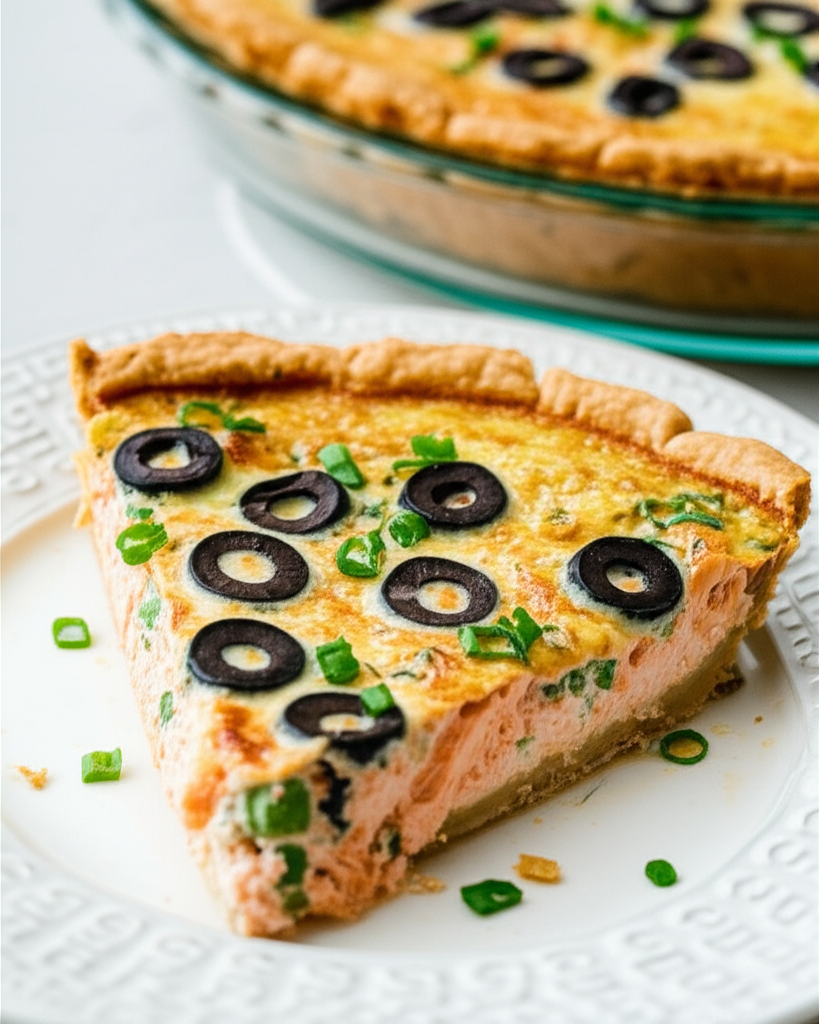 Slice of salmon quiche with golden crust, topped with black olives and green onions on a white plate.