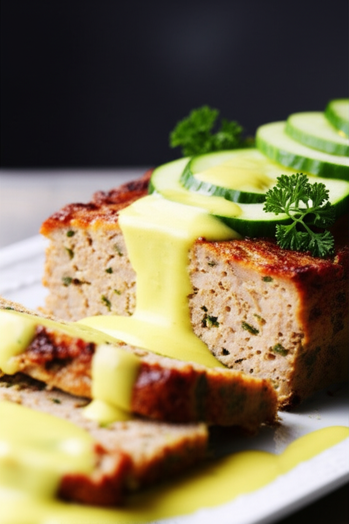 Sliced tuna loaf with golden crust, topped with cucumber slices, parsley, and a creamy yellow sauce.