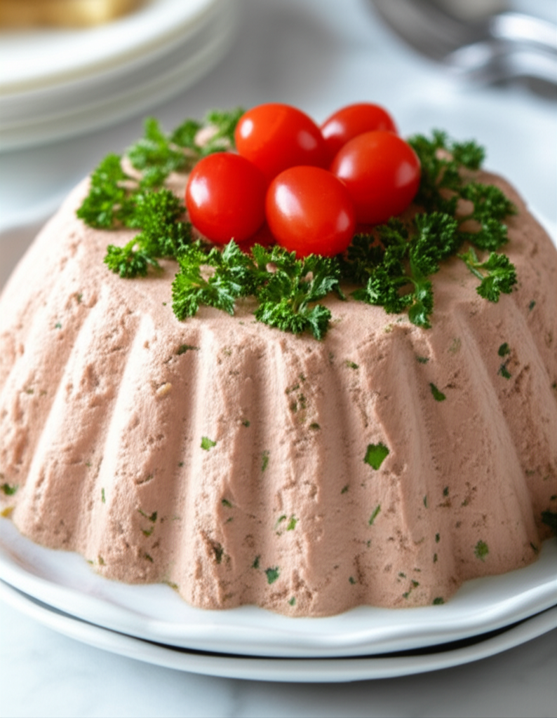 Molded tuna pate on a white plate, garnished with parsley and red cherry tomatoes.