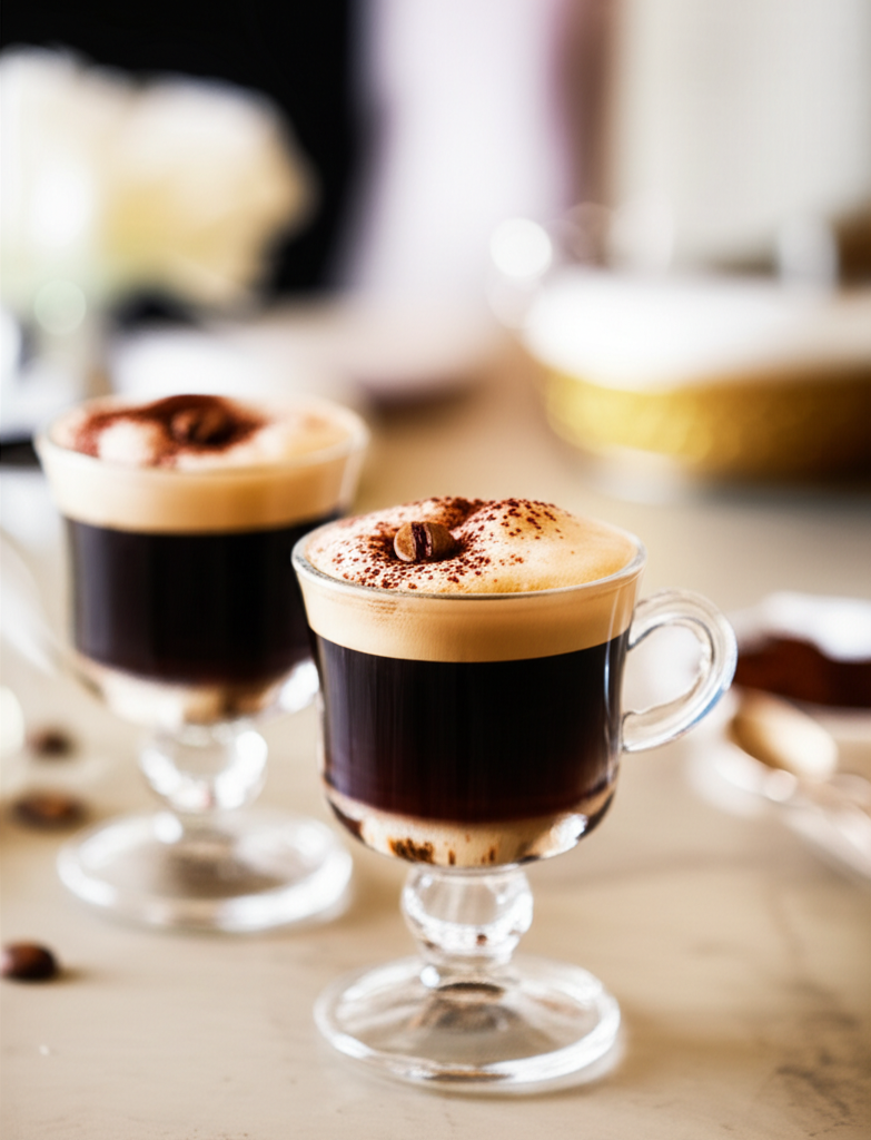 Two stemmed glasses of cappuccino, topped with foam, cocoa powder, and a coffee bean.