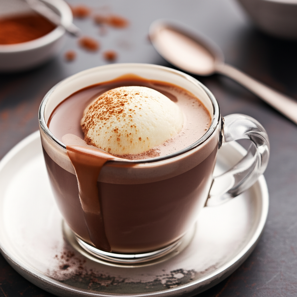 Hot cocoa in a clear mug with a scoop of vanilla ice cream, dusted with cocoa powder, on a silver saucer.