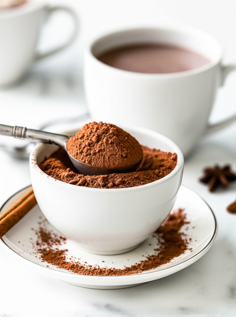 Hot chocolate powder in a bowl with a spoonful, served with a mug of hot chocolate.