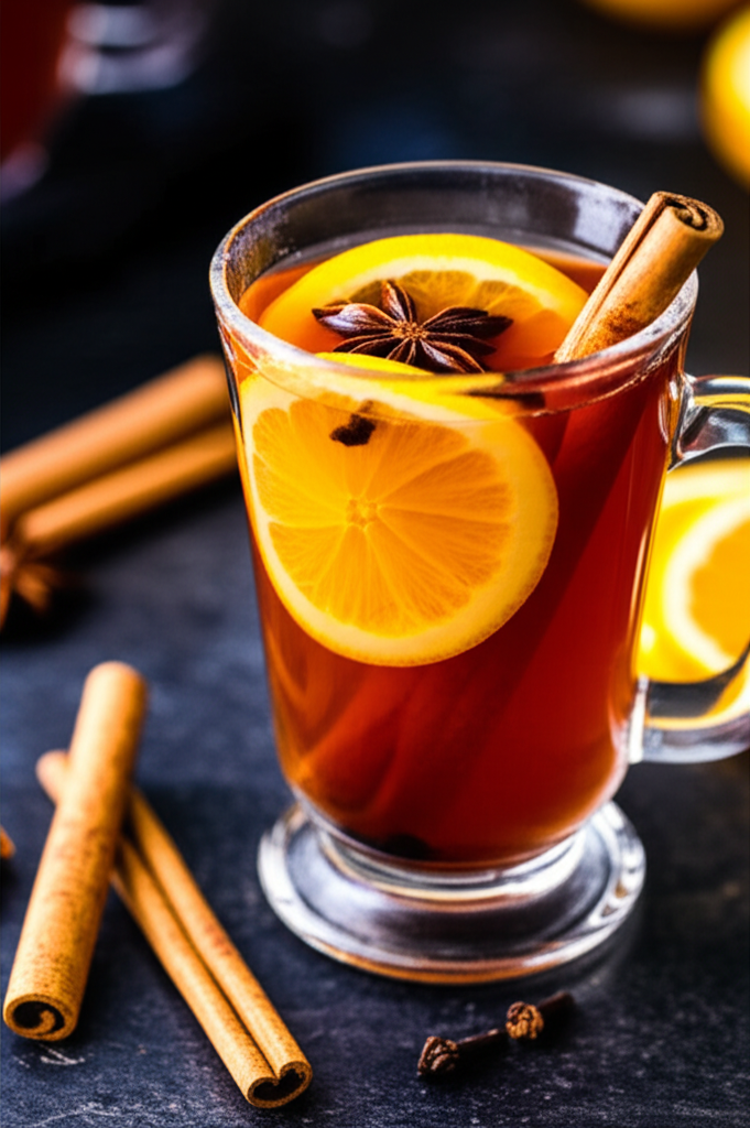 Spiced mulled drink in glass mug, garnished with orange slices, star anise, and cinnamon stick.