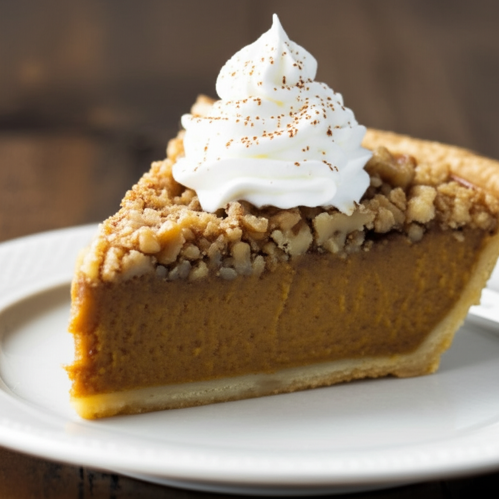 Slice of pumpkin pie cake with crumb topping and whipped cream, sprinkled with spice.