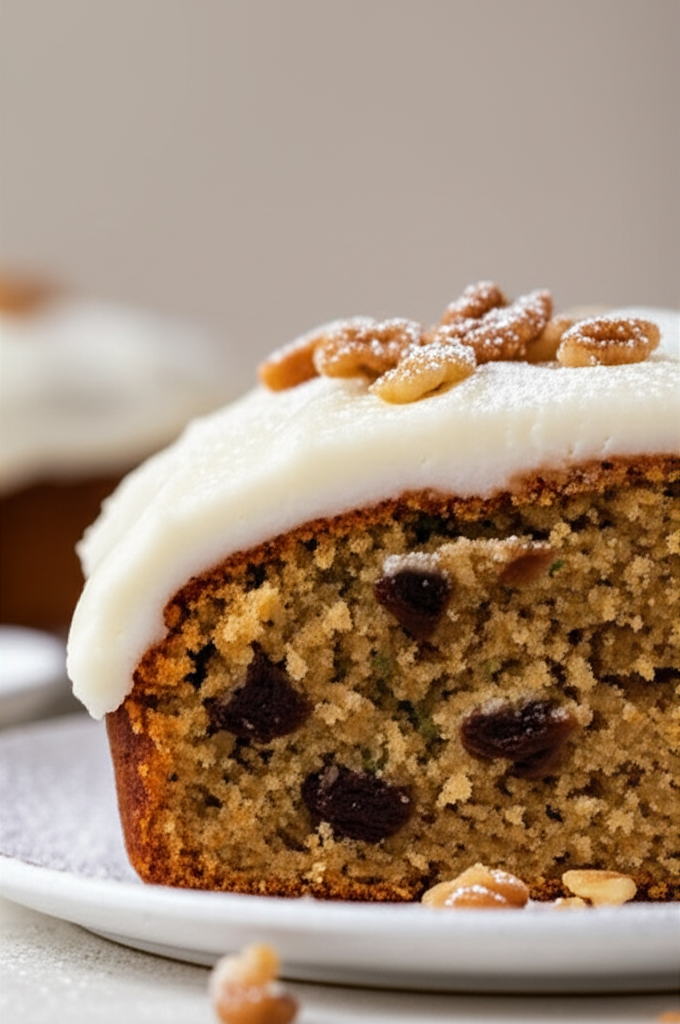 Slice of zucchini cake with white frosting, topped with sugared nuts.