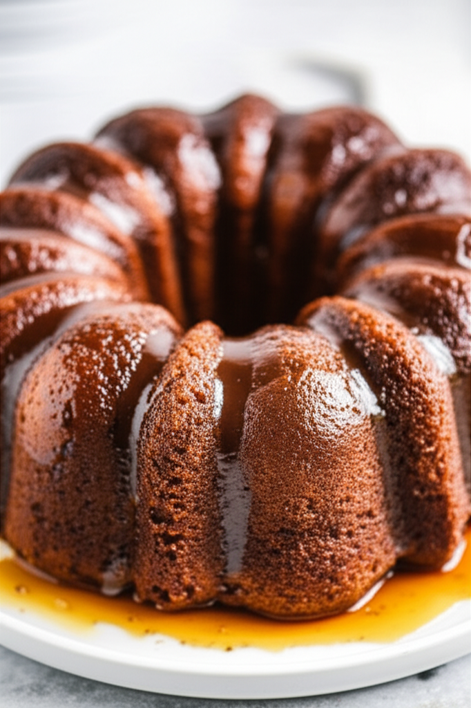 Bundt cake with a shiny, dark rum glaze on a white plate.