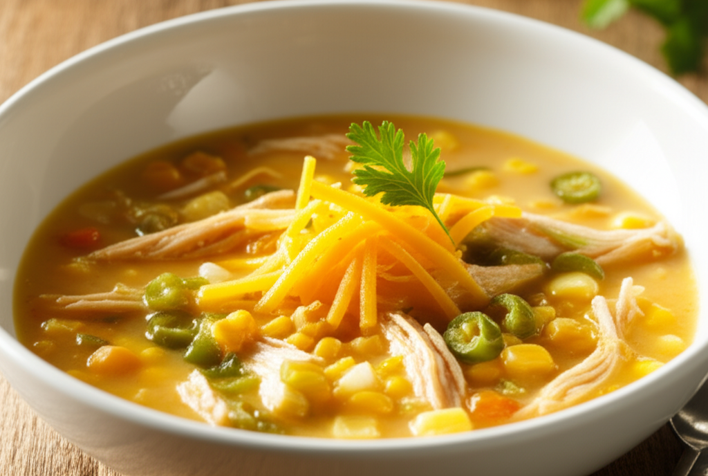 Creamy chicken corn chowder in a white bowl, topped with shredded cheddar, jalapeños, and cilantro.