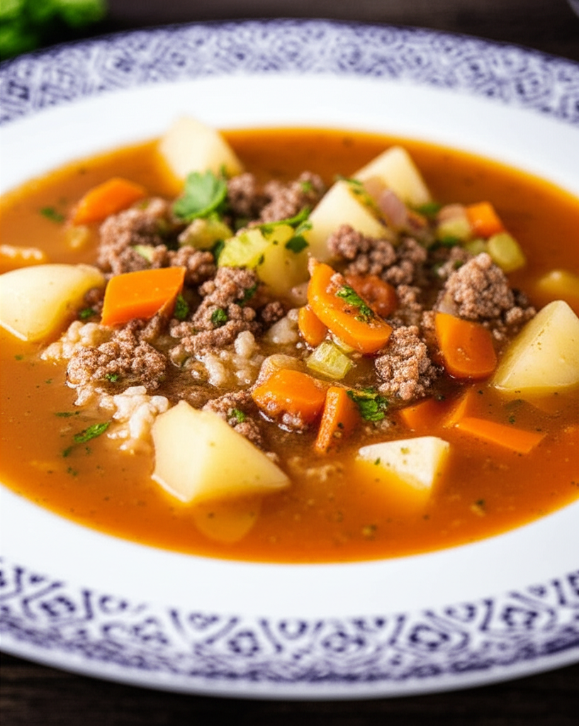 Hamburger vegetable chowder in a blue and white patterned bowl, featuring potatoes, carrots, and ground beef.