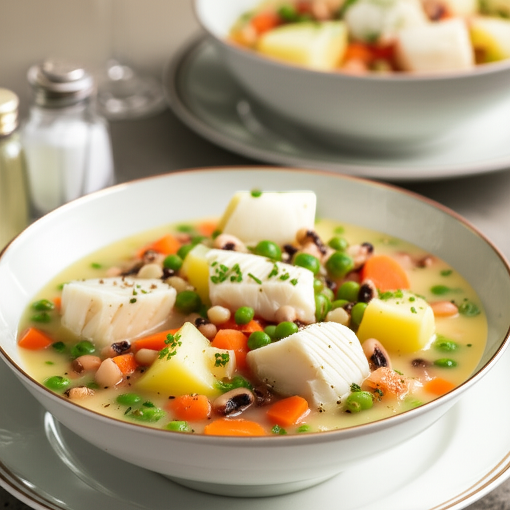 Creamy fish chowder in a white bowl, featuring chunks of white fish, potatoes, carrots, peas, and beans.
