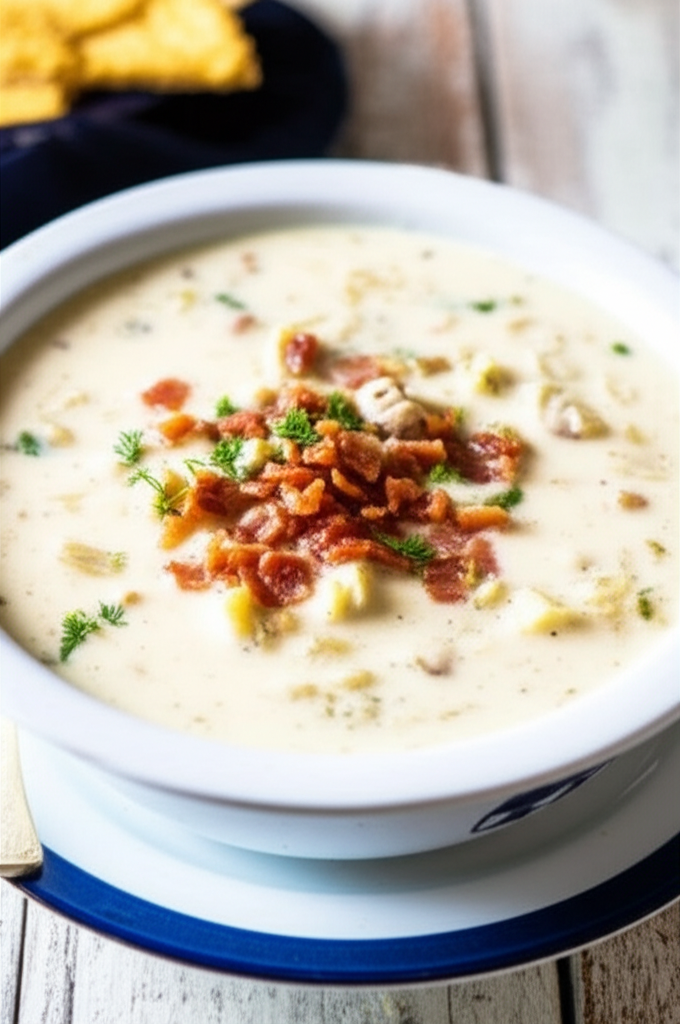 Creamy New England clam chowder in a white bowl, topped with crispy bacon and fresh dill.