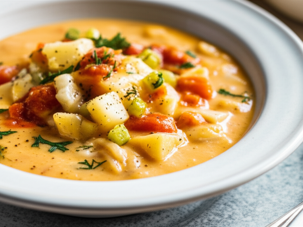 Creamy chowder in a bowl, with potatoes, tomatoes, and celery.