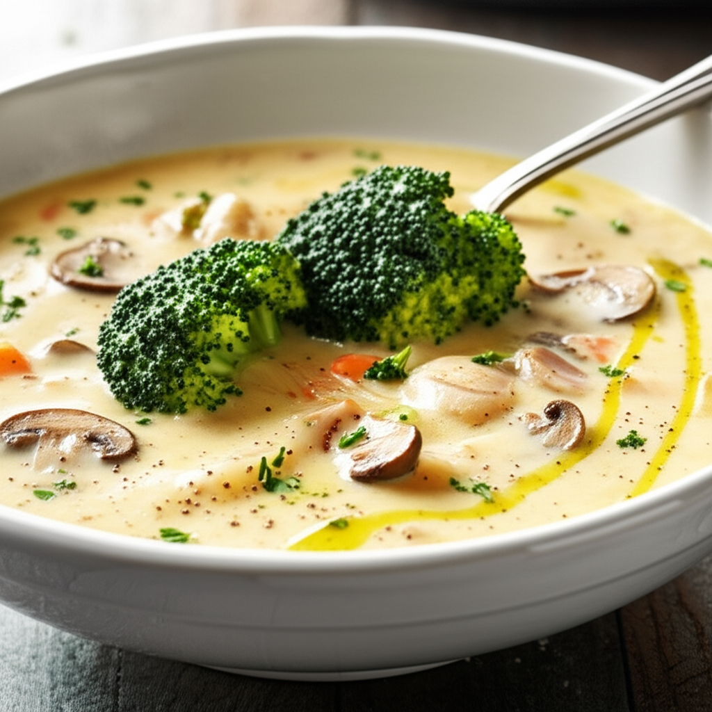 Creamy broccoli and mushroom chowder in a white bowl, garnished with olive oil and fresh herbs.