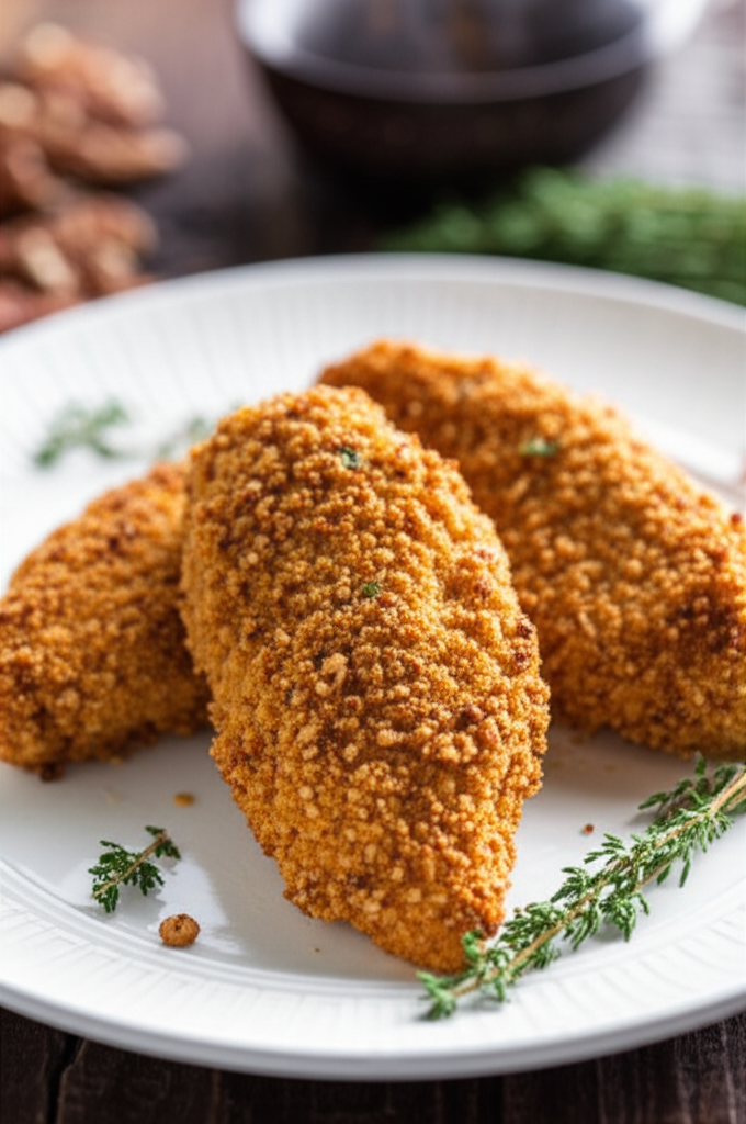 Crispy, golden-brown breaded chicken breasts on a white plate, garnished with fresh thyme sprigs.